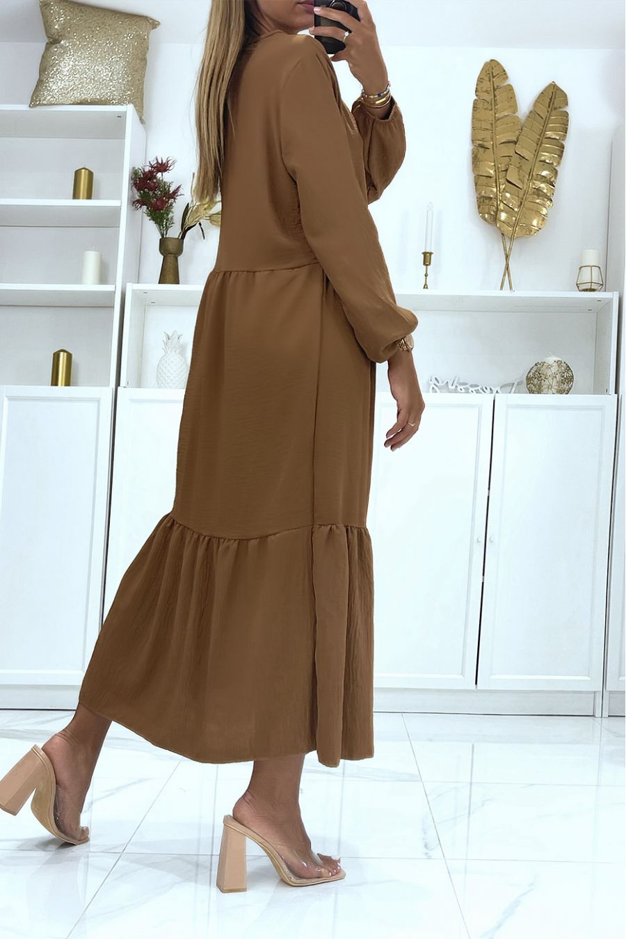 Long oversized camel dress with long sleeves solid color ideal for veiled or covered woman - 3