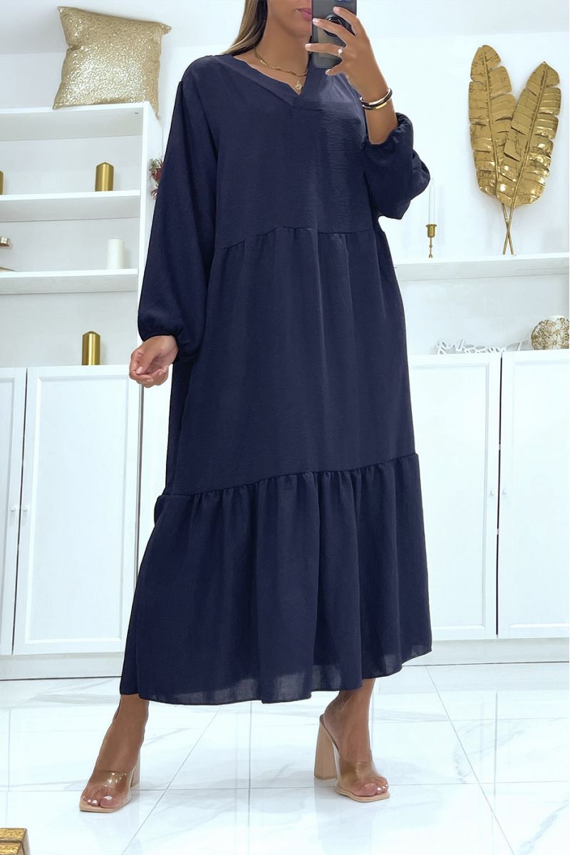 Robe marine longue oversize manches longues couleur unie idéale pour femme voilée ou couverte - 2