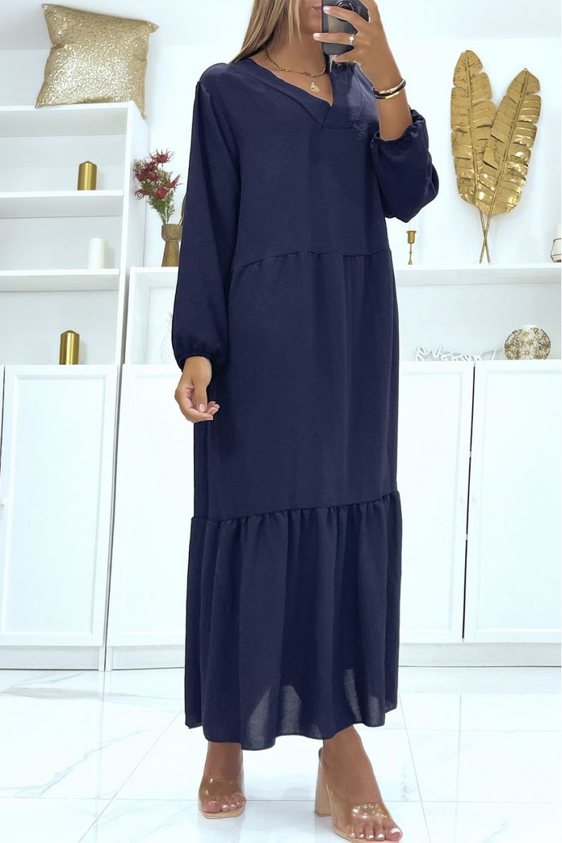 Long navy dress oversize long sleeves solid color ideal for veiled or covered woman - 3