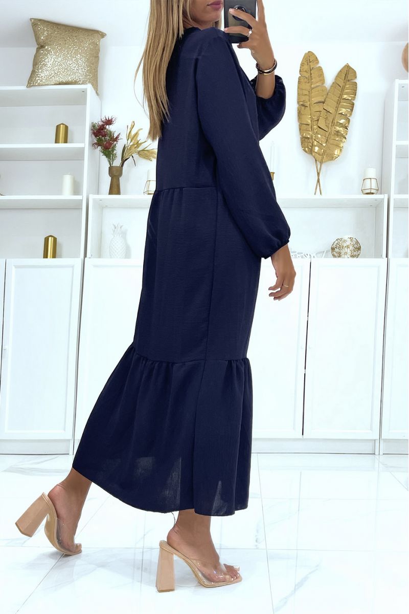 Lange marineblauwe jurk oversized lange mouwen effen kleur ideaal voor gesluierde of bedekte vrouwen - 4