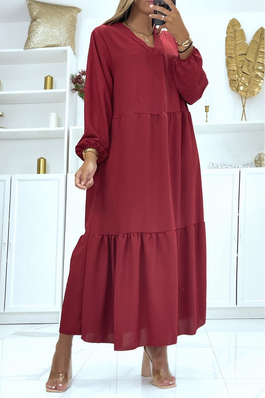Burgundy long oversize dress with long sleeves, solid color, ideal for veiled or covered women - 1
