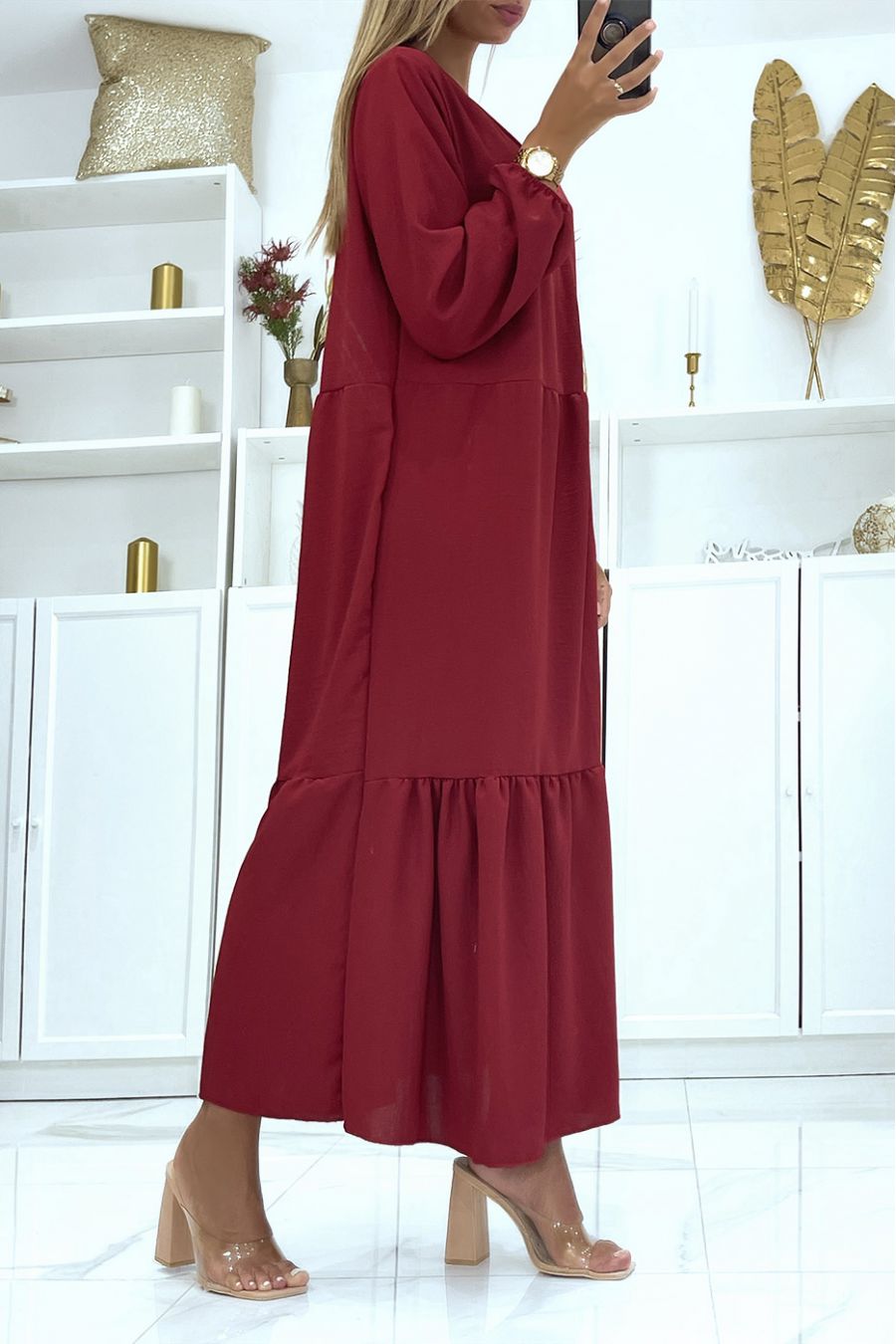 Burgundy long oversize dress with long sleeves, solid color, ideal for veiled or covered women - 2