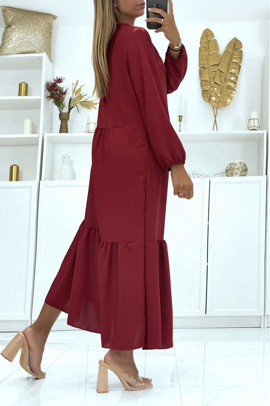 Burgundy long oversize dress with long sleeves, solid color, ideal for veiled or covered women - 3