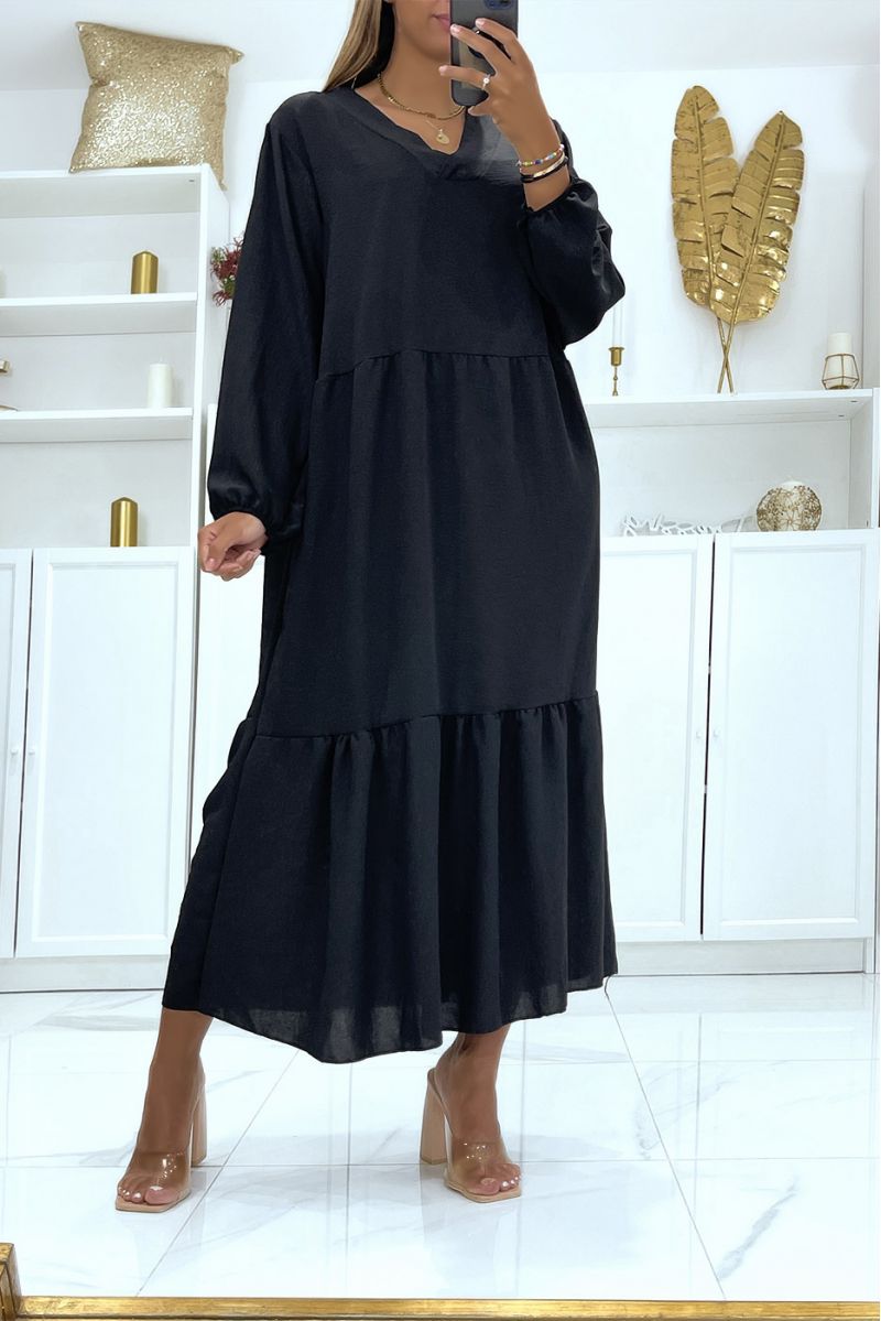 Robe noire longue oversize manches longues couleur unie idéale pour femme voilée ou couverte - 1