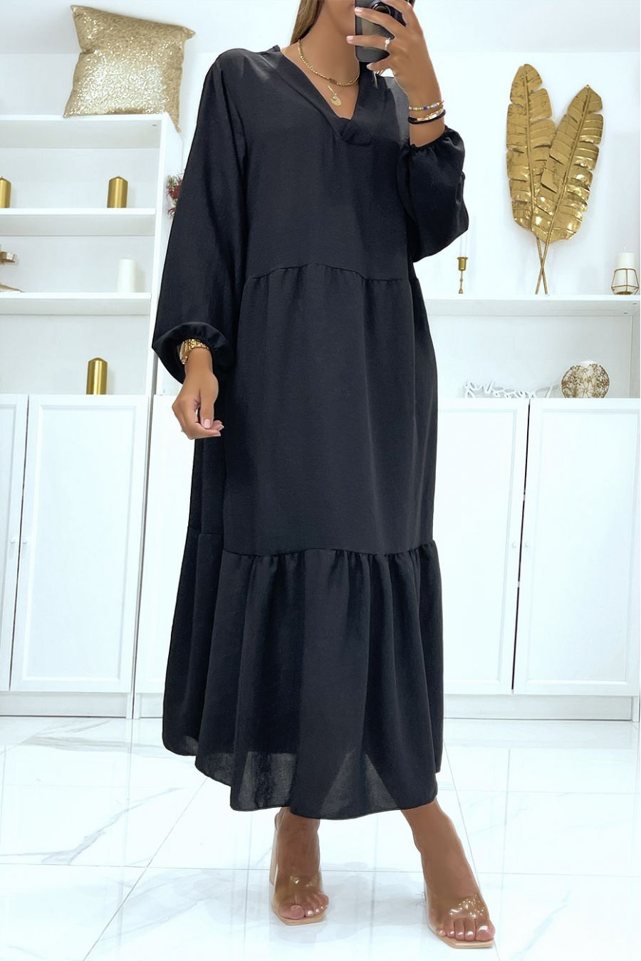 Robe noire longue oversize manches longues couleur unie idéale pour femme voilée ou couverte - 3