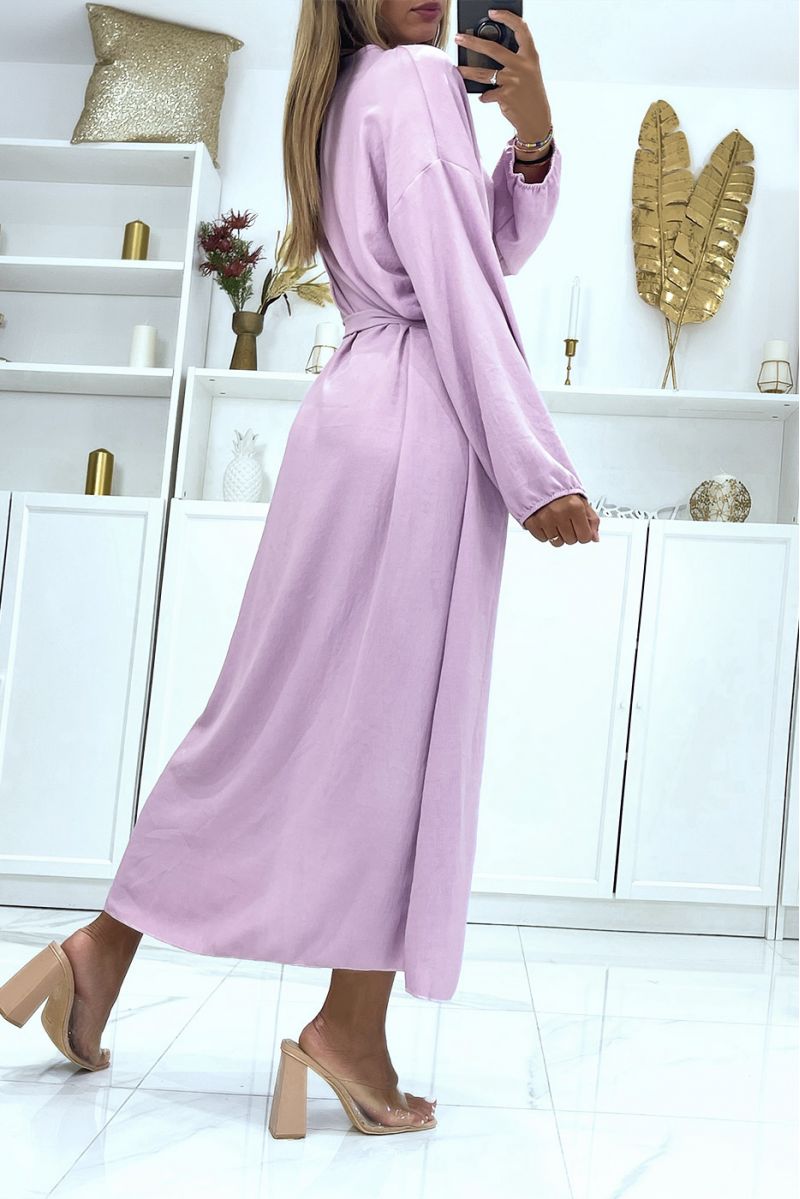 Sublime abaya lilas à détails dorés au niveau du col et ceinture à la taille - 4