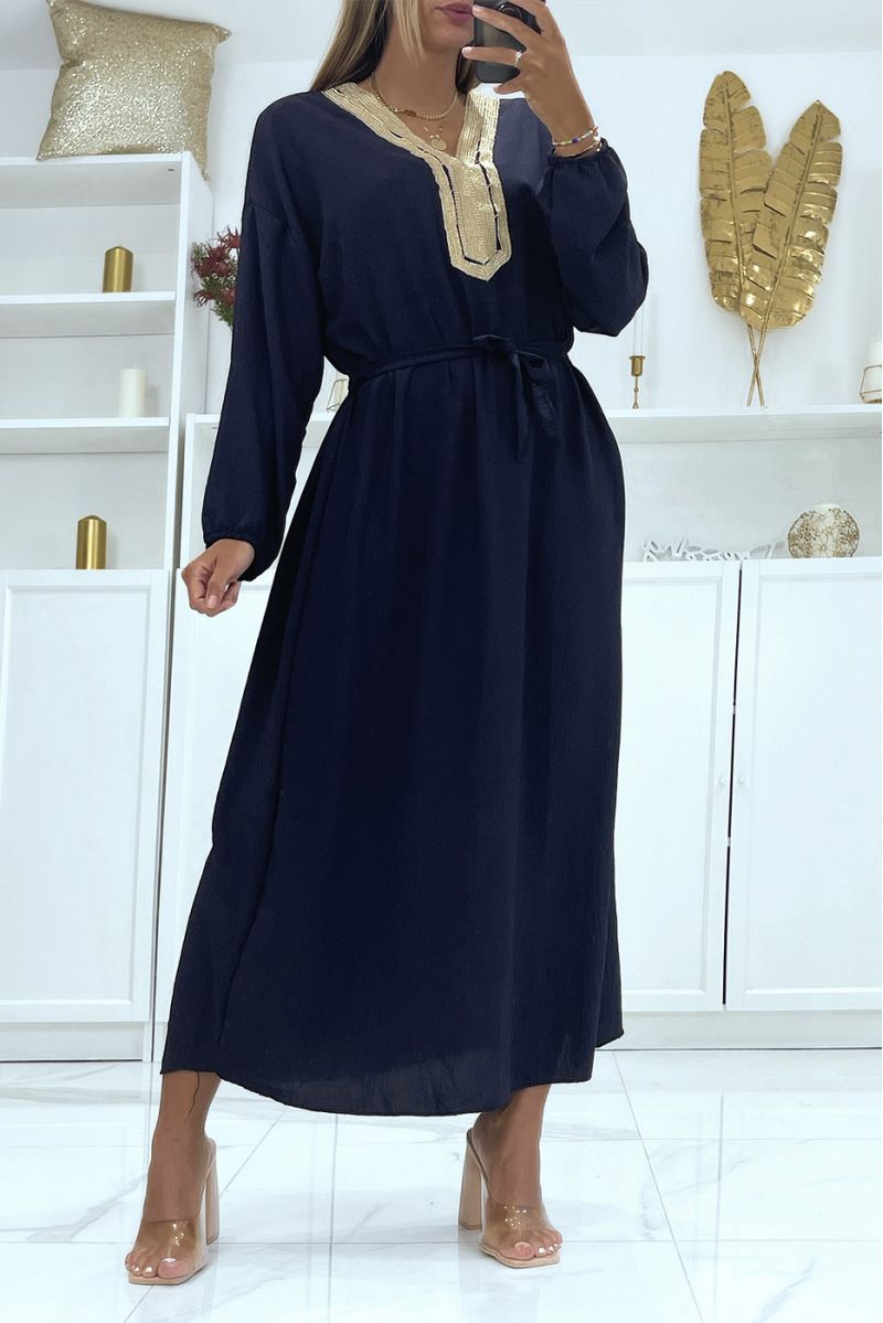 Sublime navy abaya with gold details at the collar and belt at the waist - 1