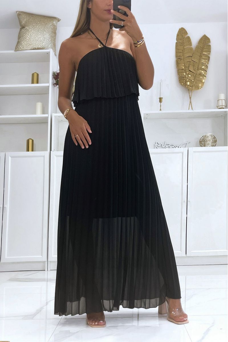 Lange zwarte jurk in transparante geplooide voile met ruches en halflange petticoat - 2