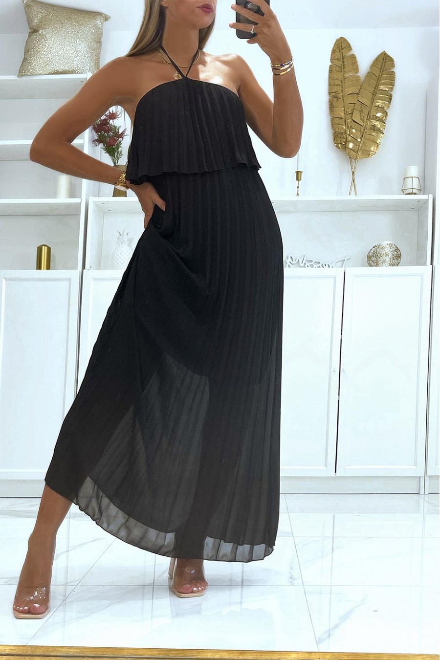 Lange zwarte jurk in transparante geplooide voile met ruches en halflange petticoat - 3