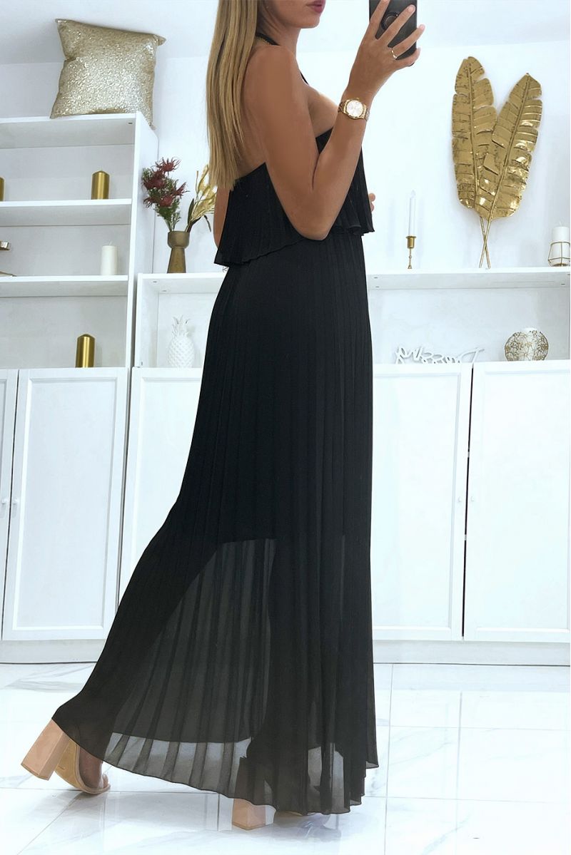 Lange zwarte jurk in transparante geplooide voile met ruches en halflange petticoat - 4