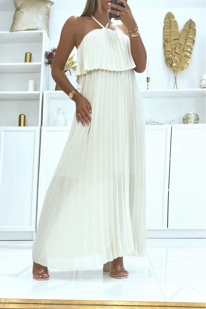 Long beige dress in transparent pleated voile with ruffles and mid-length petticoat - 1