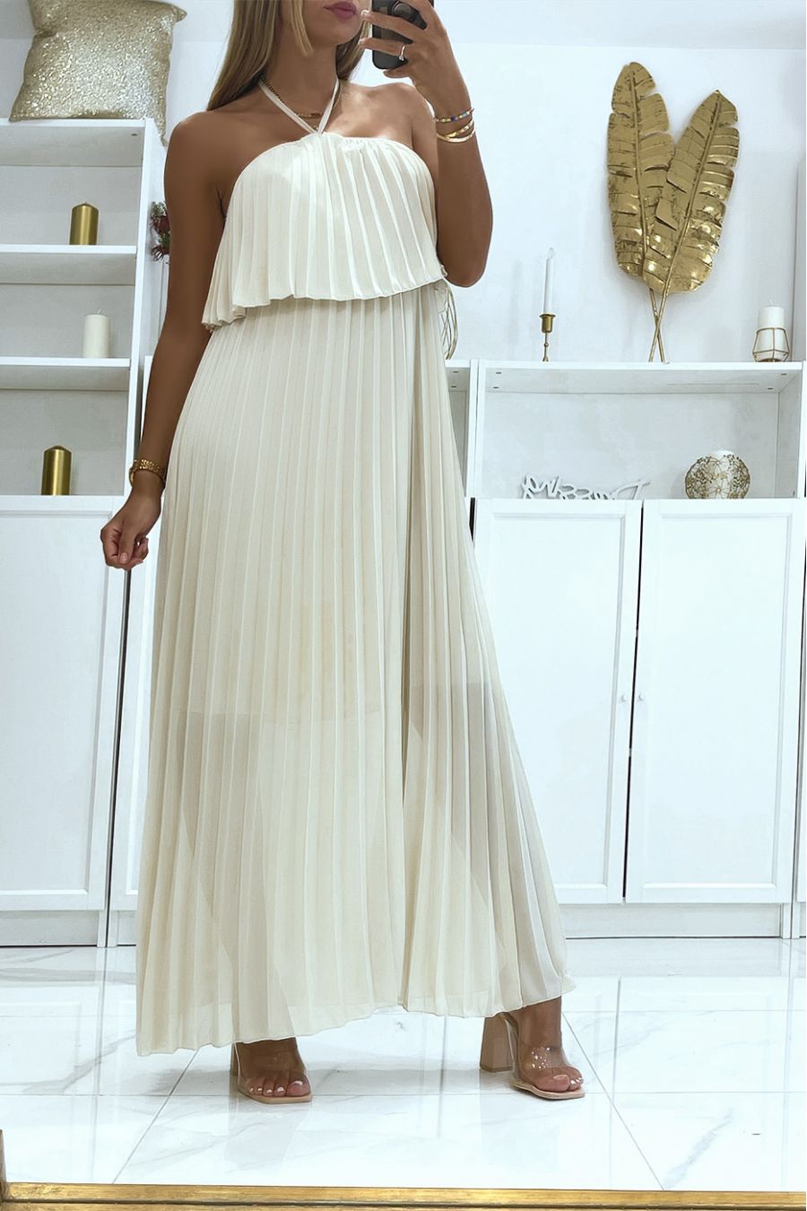 Long beige dress in transparent pleated voile with ruffles and mid-length petticoat - 2