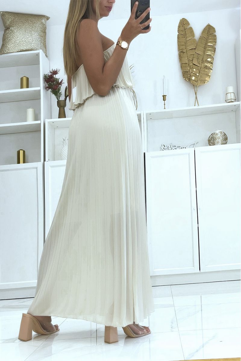 Long beige dress in transparent pleated voile with ruffles and mid-length petticoat - 4