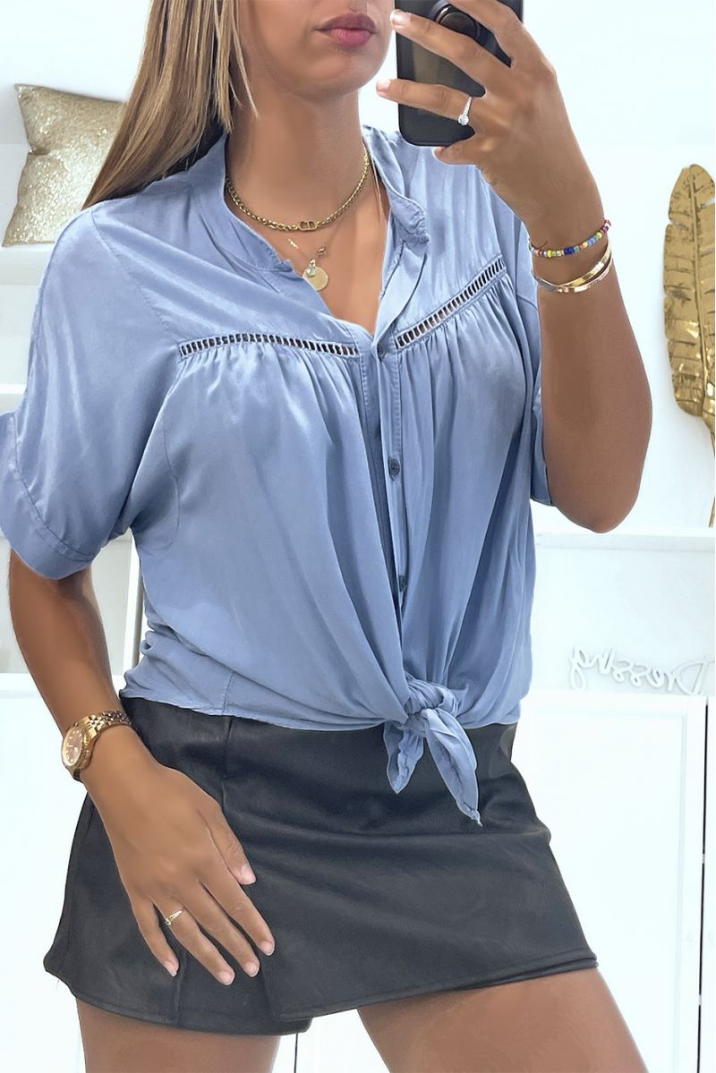 Loose and soft indigo top with short sleeves and lace - 3