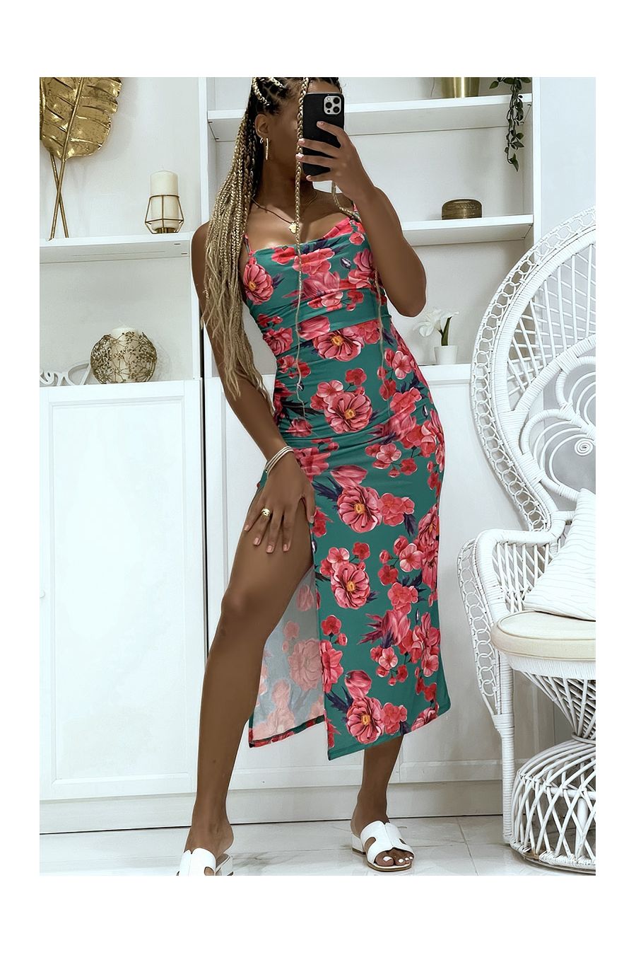Long green floral dress with pretty thin straps, slit on the sides - 1