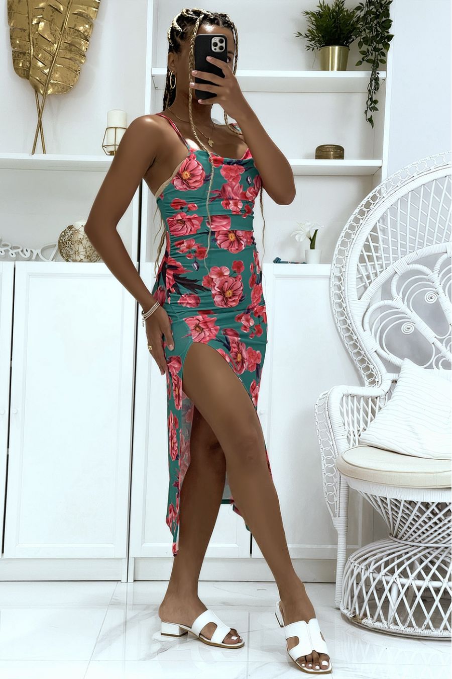 Long green floral dress with pretty thin straps, slit on the sides - 3