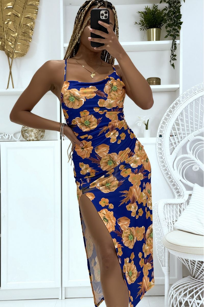Long royal floral dress with pretty thin straps, slit on the sides - 2