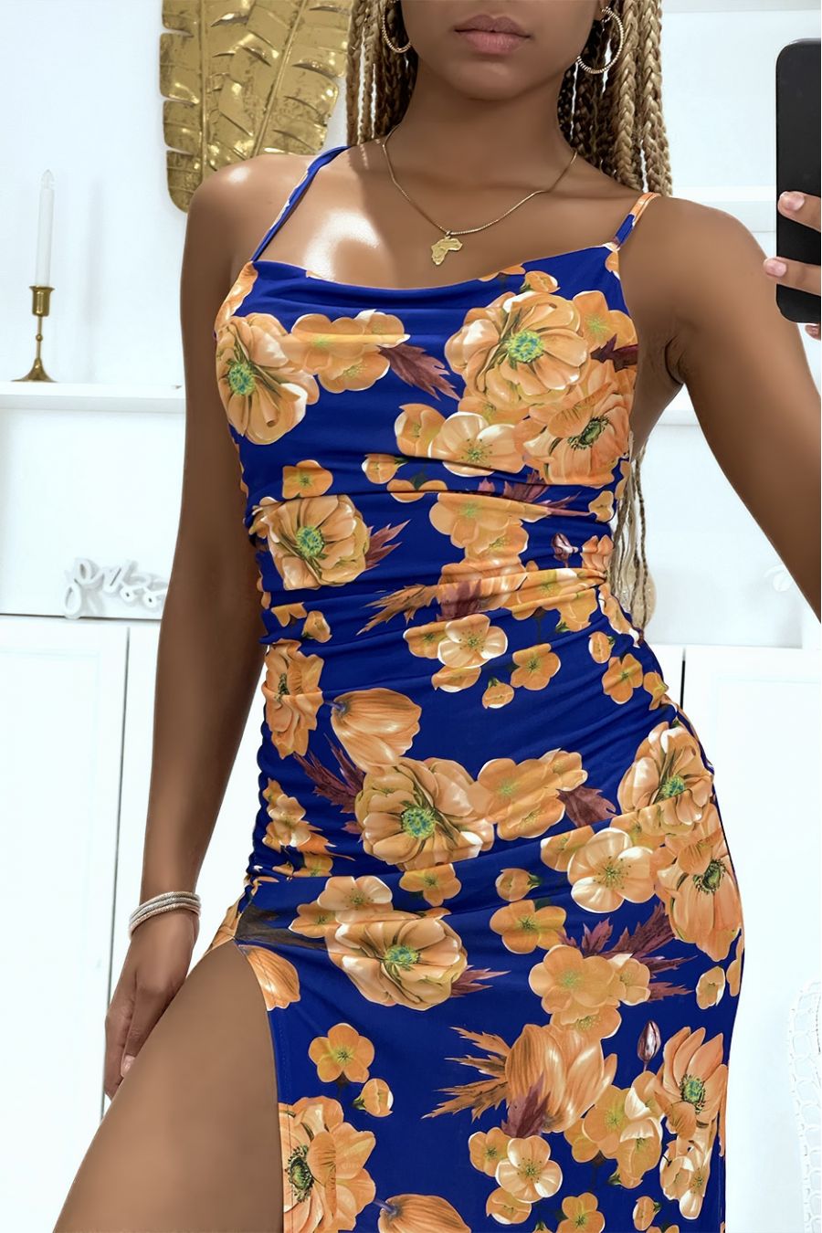 Long royal floral dress with pretty thin straps, slit on the sides - 3