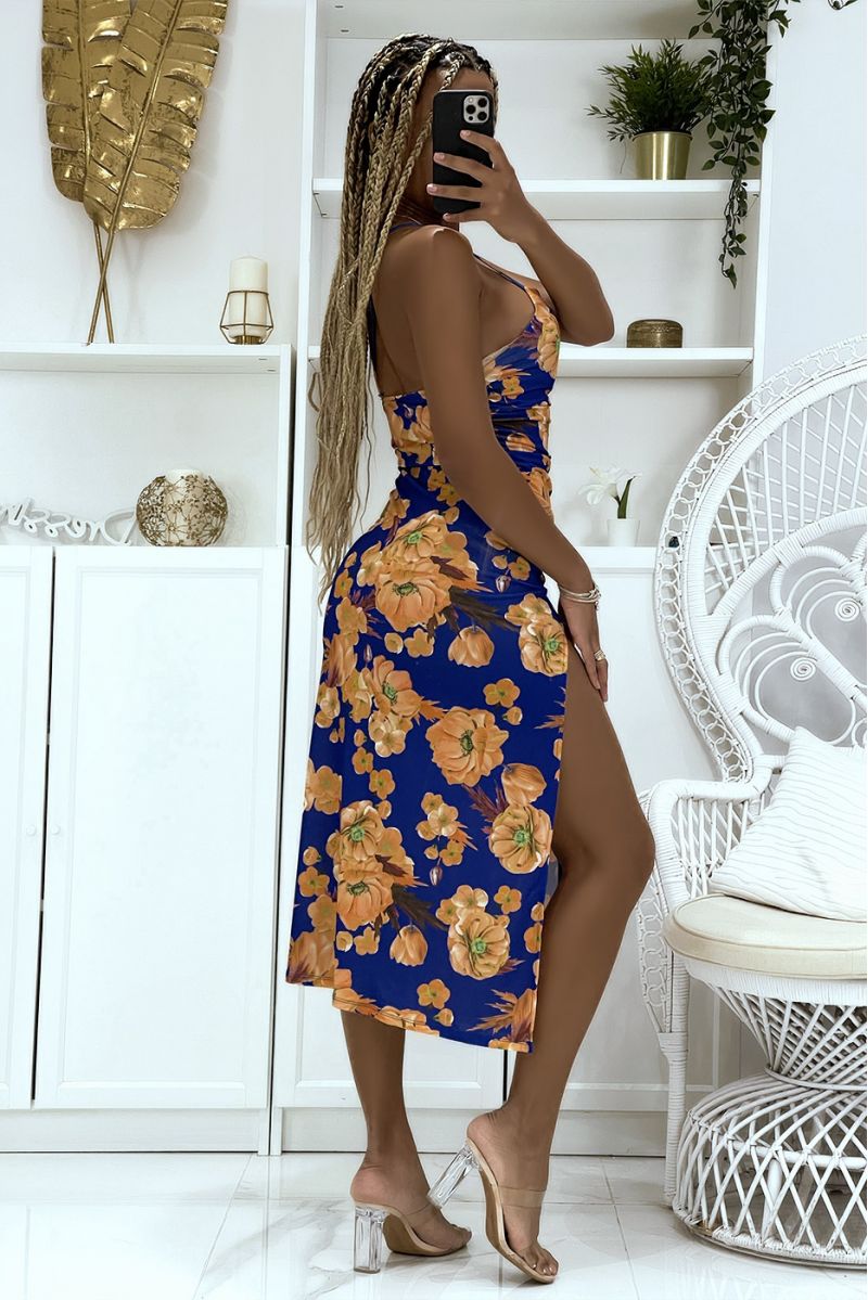 Long royal floral dress with pretty thin straps, slit on the sides - 4