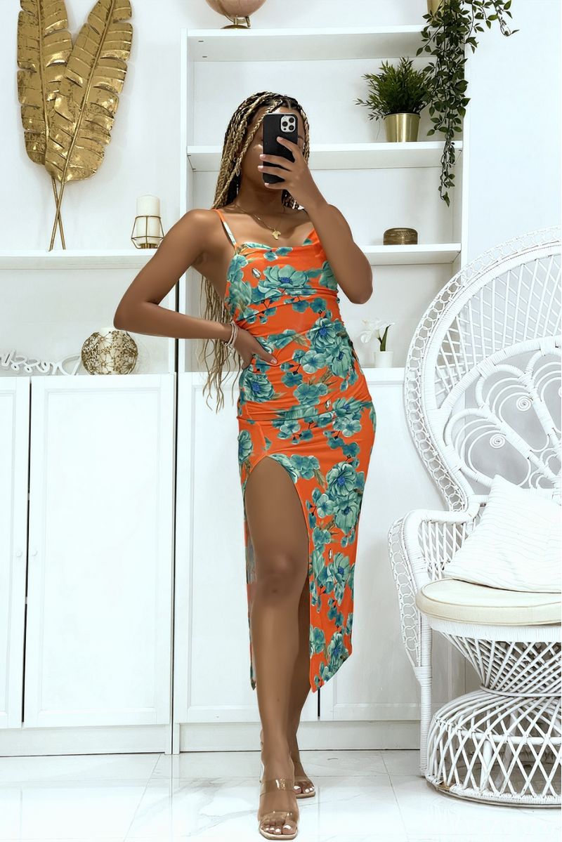 Long orange floral dress with pretty thin straps, slit on the sides - 1