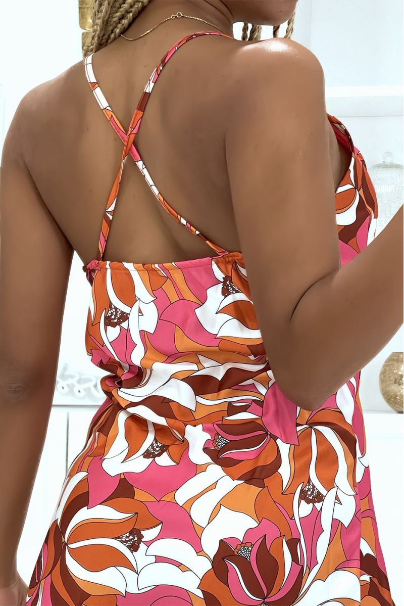 Oranje jurk met trendy wespeneffect print, split aan de zijkant en iets laag uitgesneden - 5