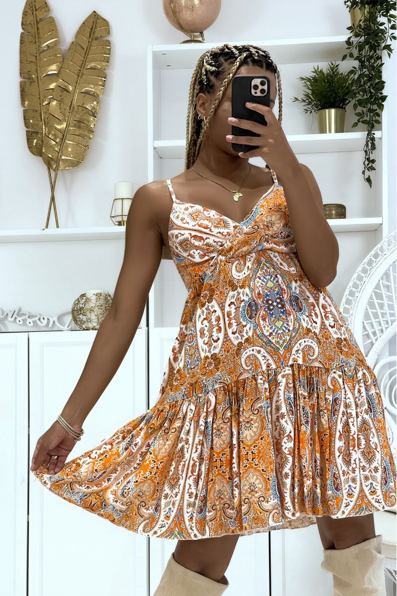 Light wrap orange skater dress and bohemian chic oriental patterns - 4