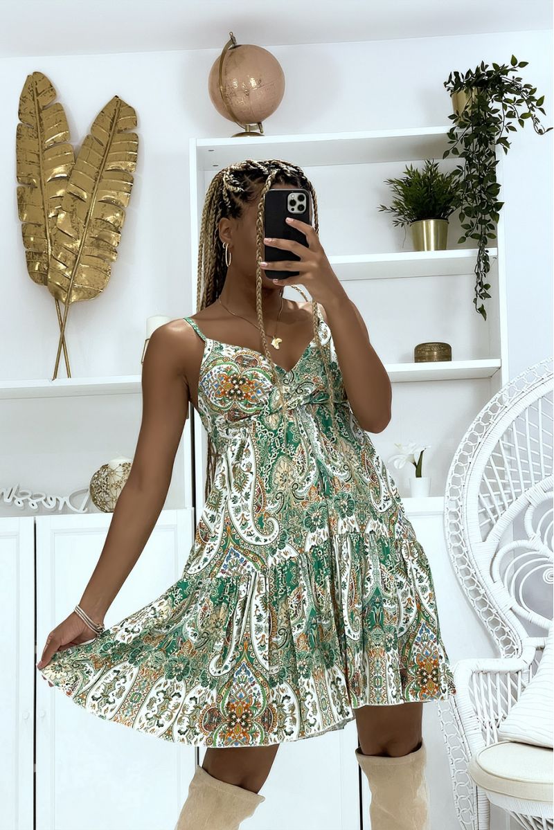Light wrap green skater dress and bohemian chic oriental patterns - 1