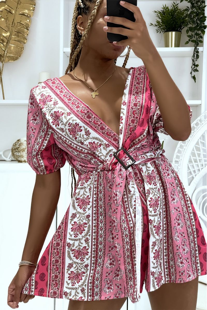 Fuchsia satin wrap jumpsuit with floral print and belt at the waist - 4