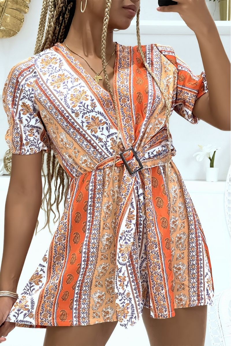 Orange satin wrap jumpsuit with floral print and belt at the waist - 2