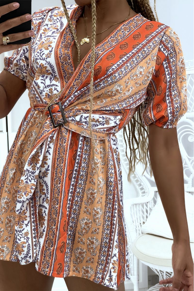 Orange satin wrap jumpsuit with floral print and belt at the waist - 4