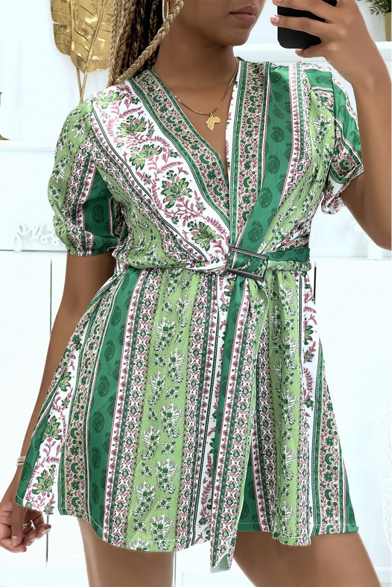 Green satin wrap jumpsuit with floral print and belt at the waist - 3