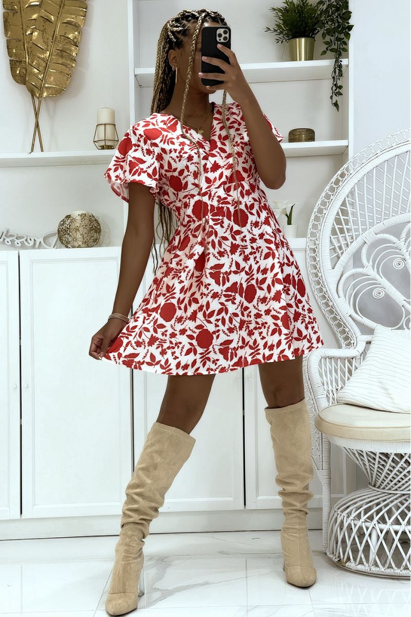 Red skater dress and floral wrap top fitted at the waist with two-tone print - 1