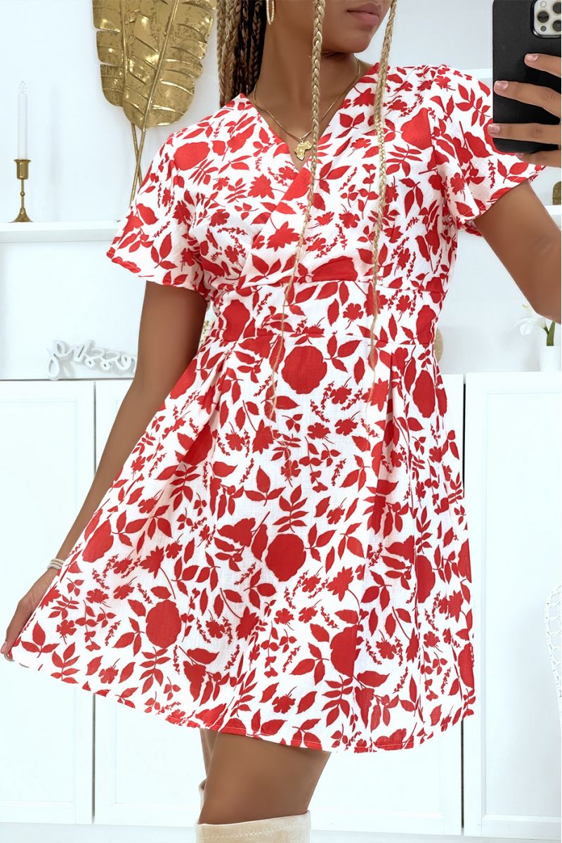 Red skater dress and floral wrap top fitted at the waist with two-tone print - 4