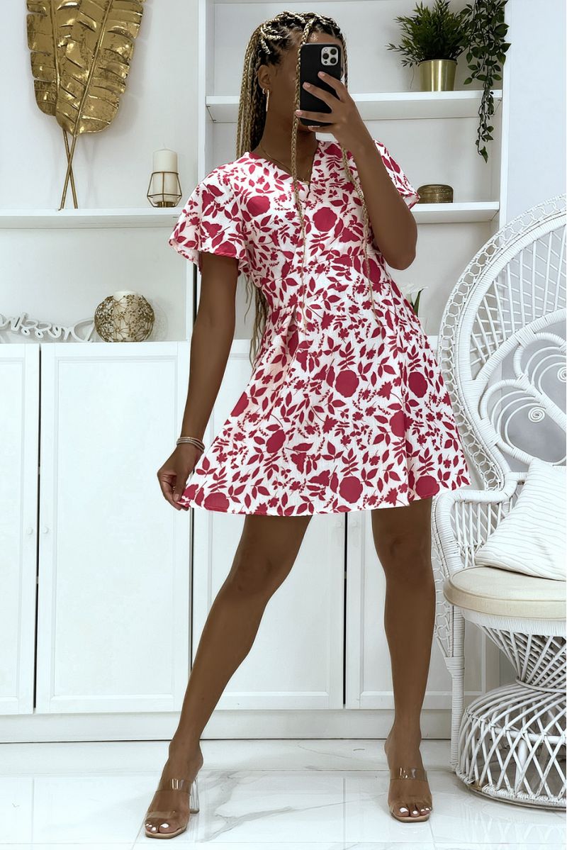 Fuchsia skater dress and floral wraparound fitted at the waist with two-tone print - 1