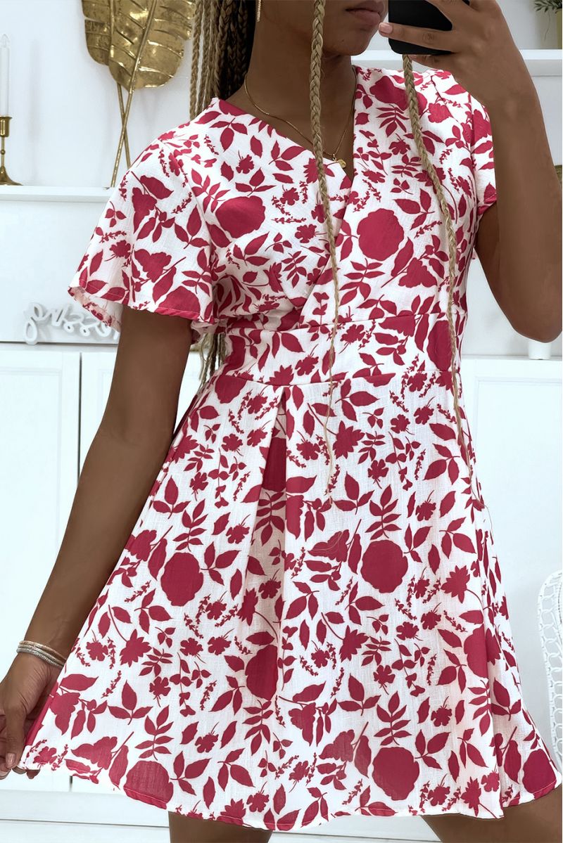 Fuchsia skater dress and floral wraparound fitted at the waist with two-tone print - 2