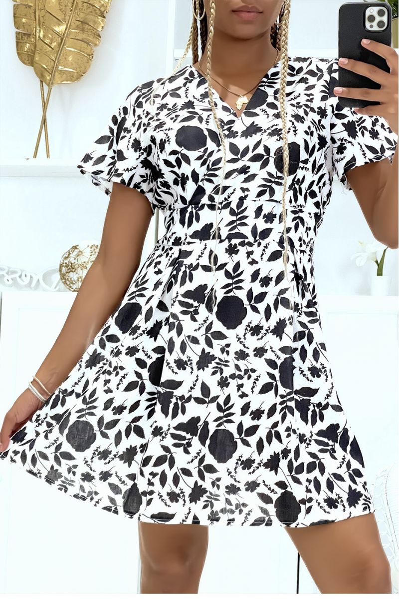 Black skater dress and flowered cache wrap fitted at the waist with two-tone print - 2