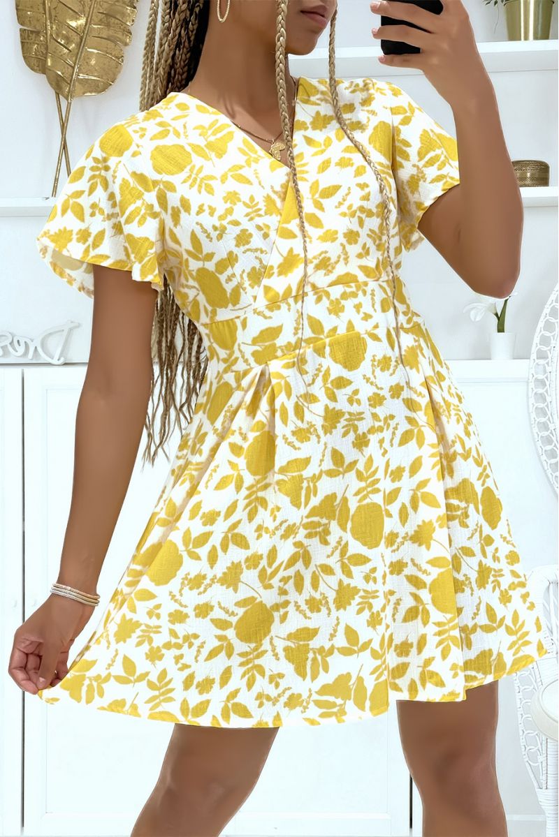Yellow skater dress and floral wrap top fitted at the waist with two-tone print - 2