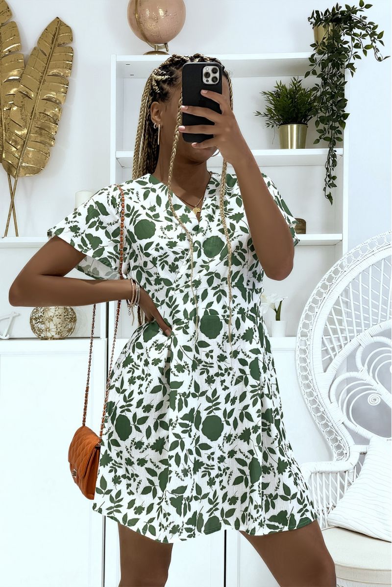 Green skater dress and floral wrap top fitted at the waist with two-tone print - 2
