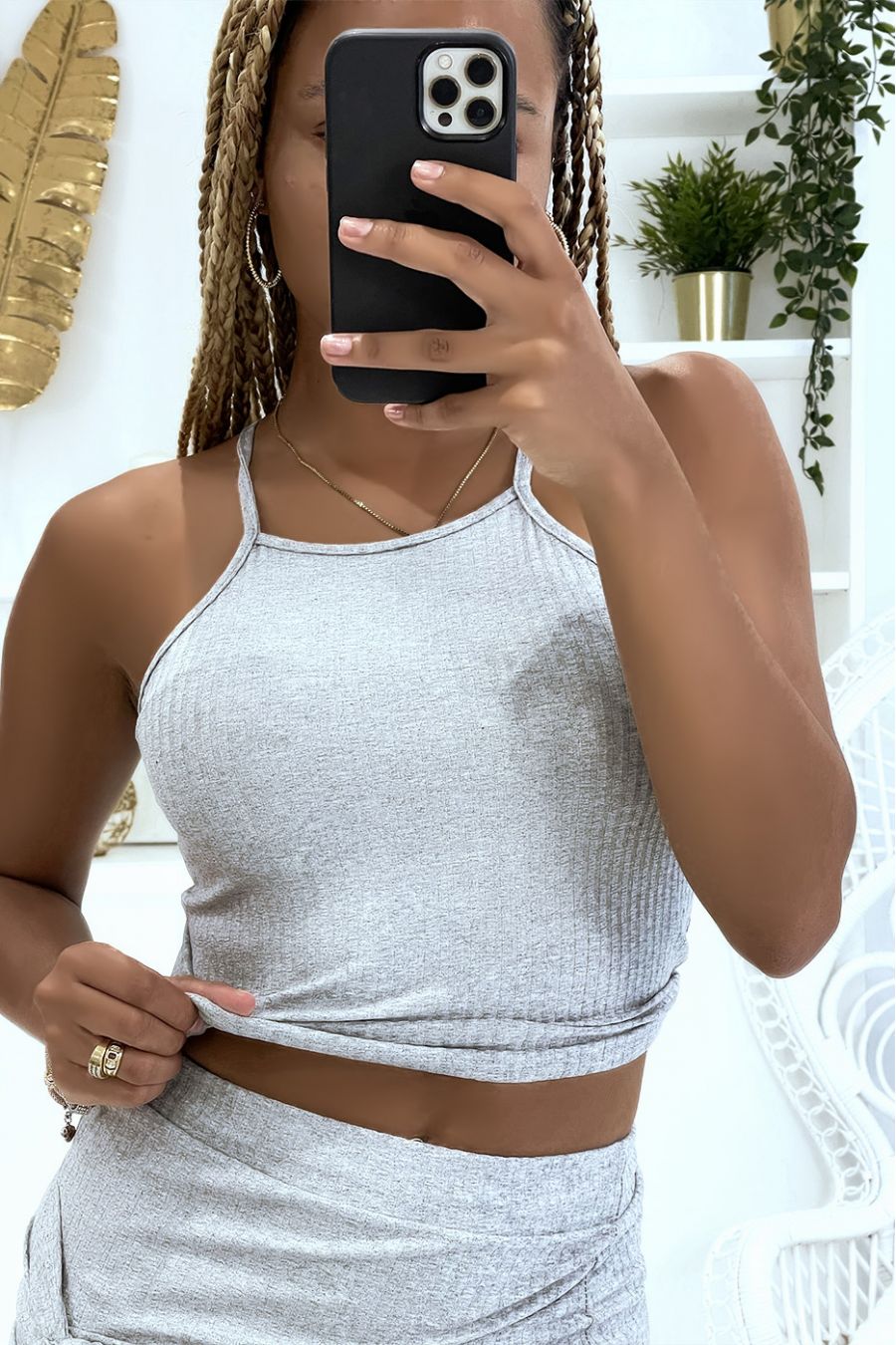 Ensemble gris côtelé moulant fendu sur l'avant idéale pour un style chic et décontracté - 5