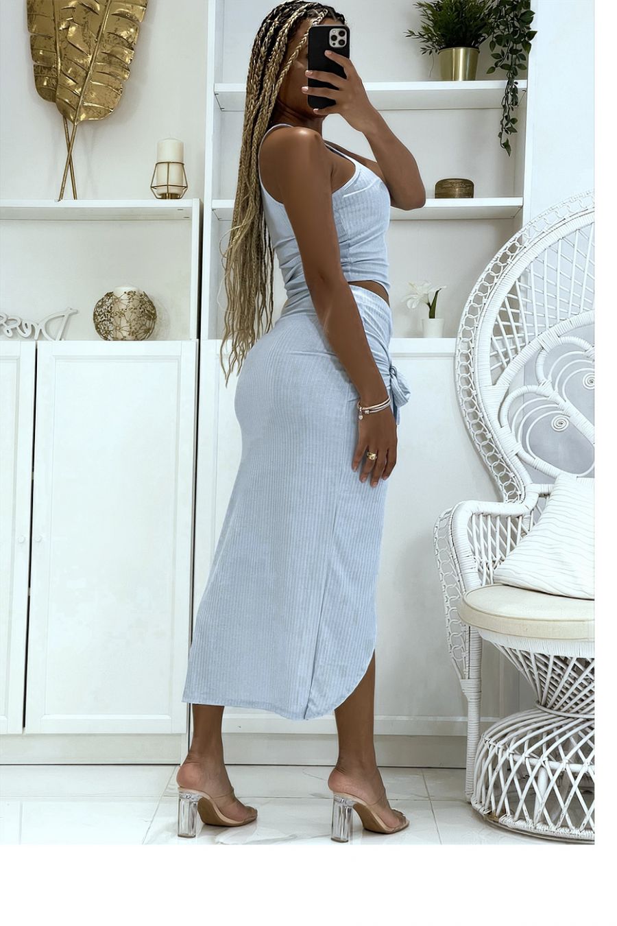 Ensemble turquoise côtelé moulant fendu sur l'avant idéale pour un style chic et décontracté - 3