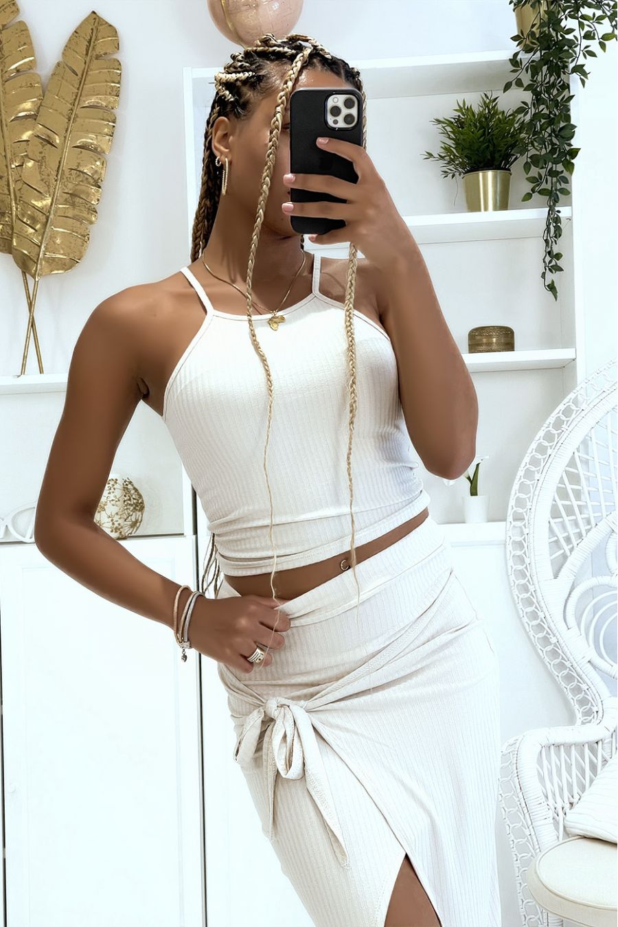 Beige geribbelde strakke split aan de voorkant ideaal voor een chique en casual stijl - 2