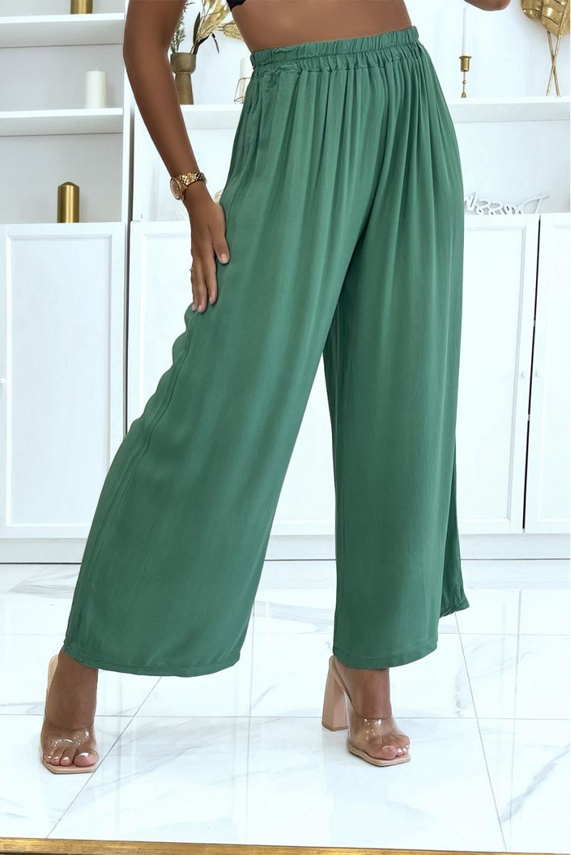 Pantalon palazzo vert élastique à la taille convient à toutes morphologies - 1