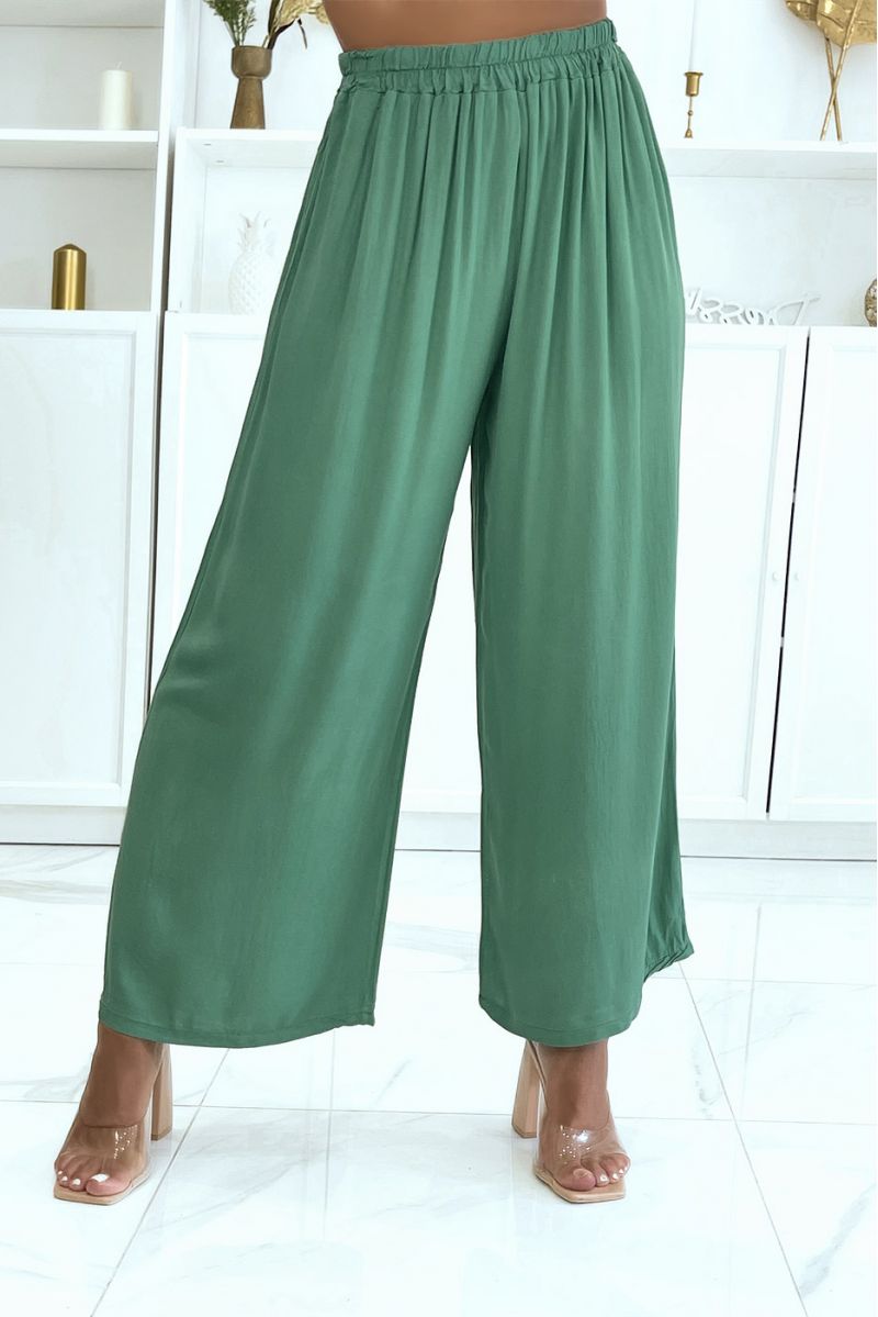 Groene palazzobroek met elastische tailleband geschikt voor alle lichaamstypes - 3