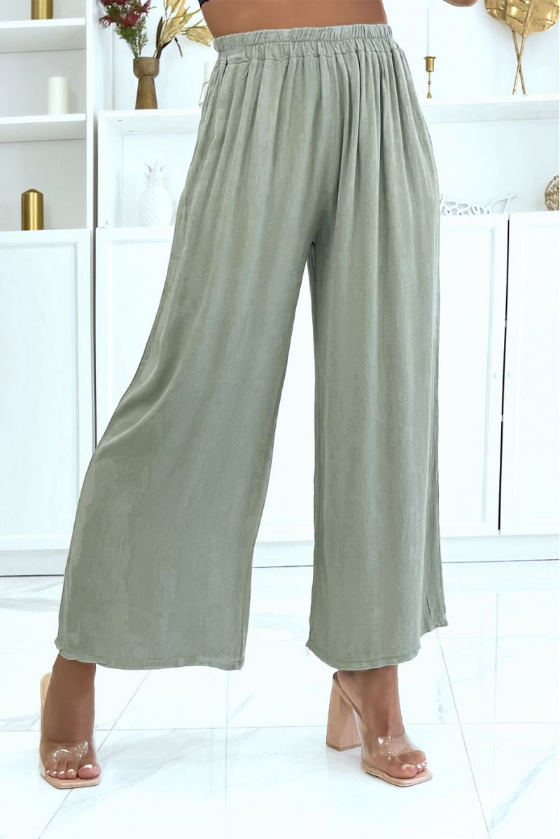 Pantalon palazzo kaki élastique à la taille convient à toutes morphologies - 1