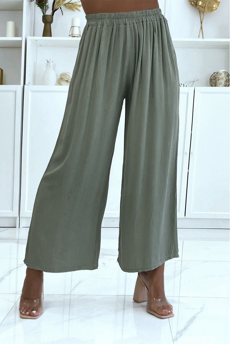 Pantalon palazzo kaki élastique à la taille convient à toutes morphologies - 2
