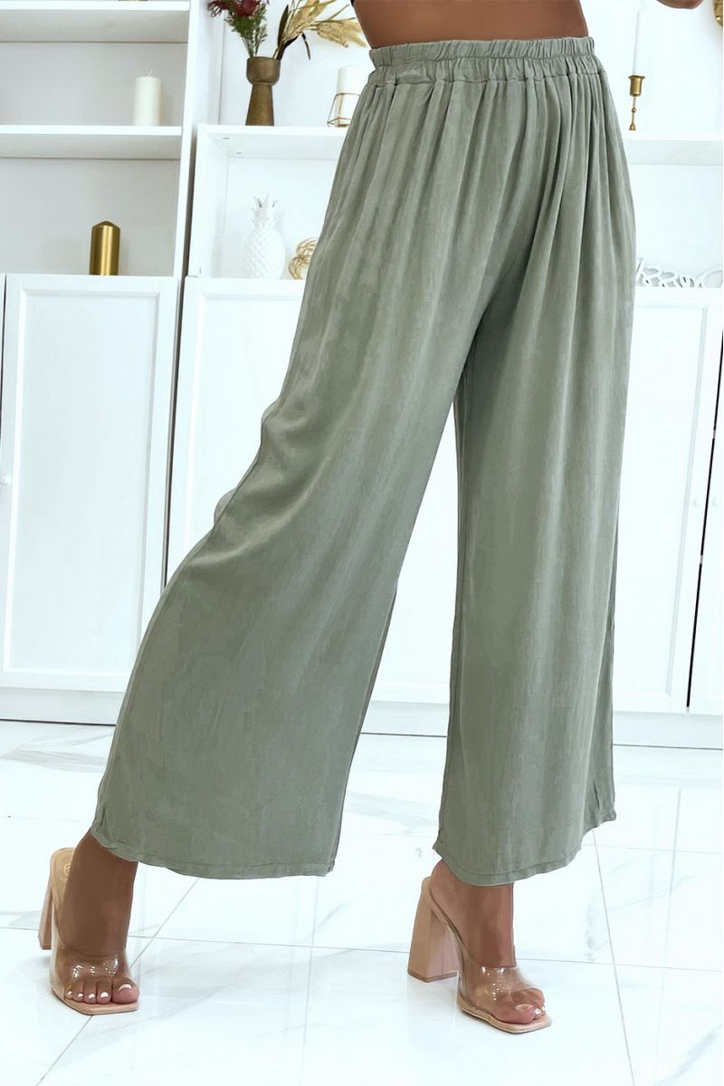 Pantalon palazzo kaki élastique à la taille convient à toutes morphologies - 3