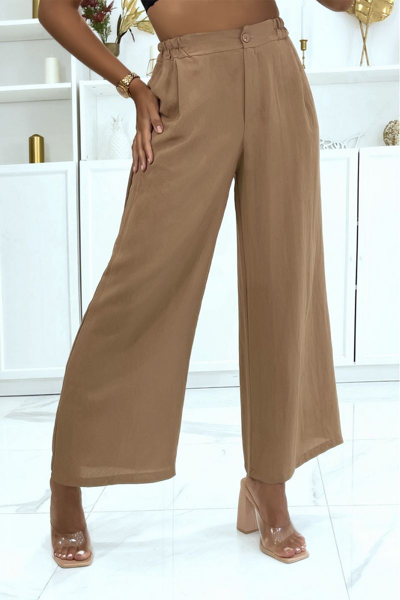Pantalon palazzo camel fluide cintré à la taille avec fermeture éclair et joli bouton - 1