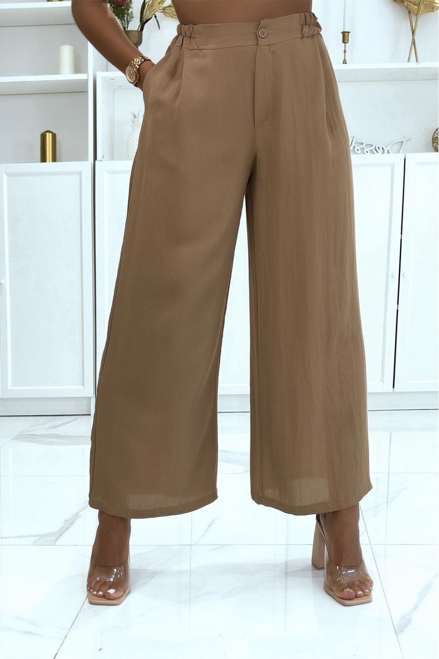 Pantalon palazzo camel fluide cintré à la taille avec fermeture éclair et joli bouton - 2