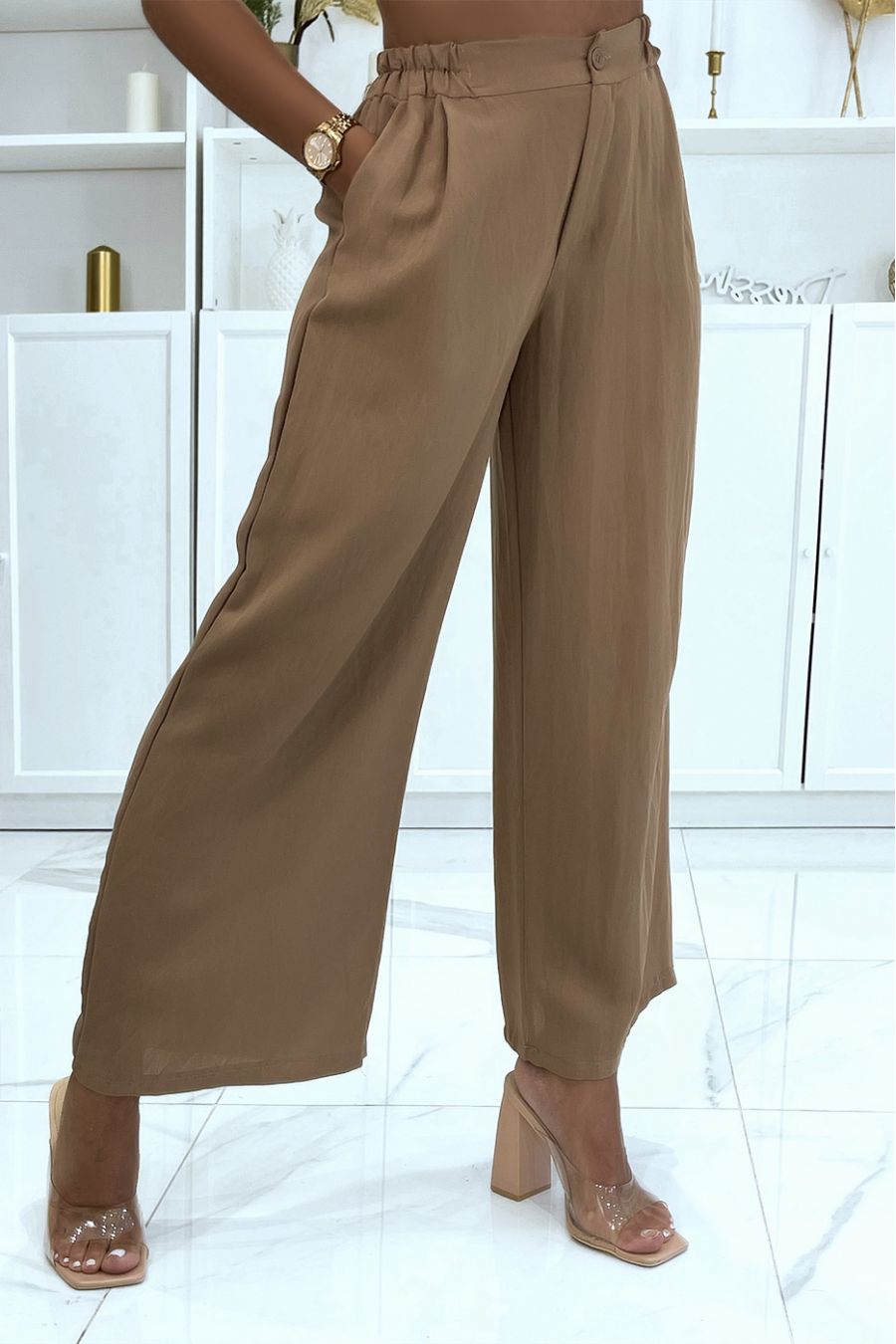Pantalon palazzo camel fluide cintré à la taille avec fermeture éclair et joli bouton - 3