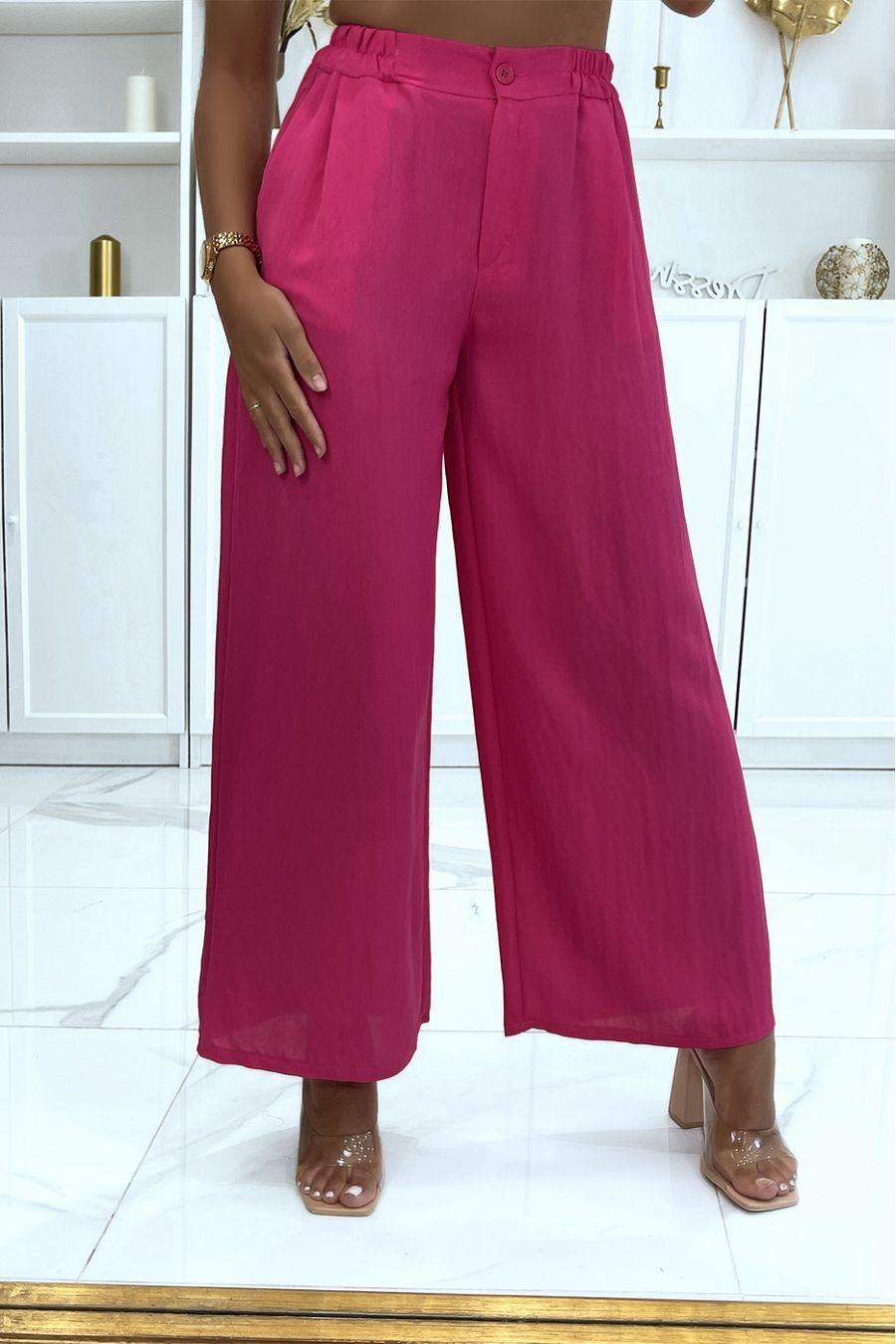 Soepelvallende fuchsia palazzo broek getailleerd met rits en mooie knoop - 2